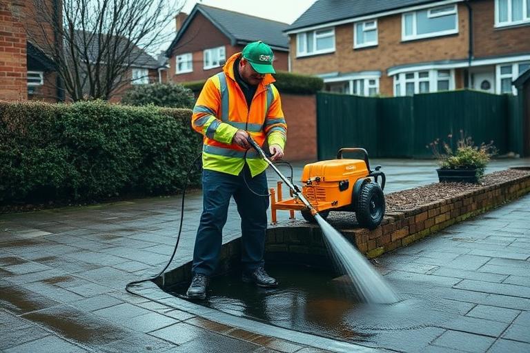 Drainage engineer using professional equipment to clear a blocked drain at a residential property in Poole