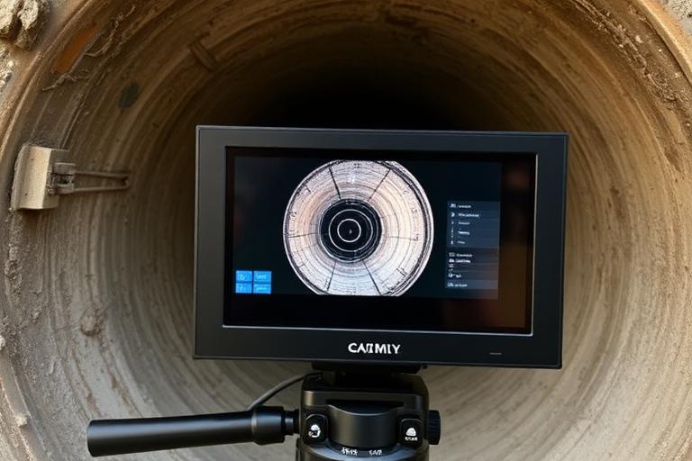 CCTV drain survey camera and monitor displaying the inside of a drainage pipe during a professional inspection